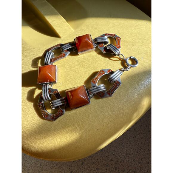 Vintage Art Deco Sterling Red Enamel Bracelet Carnelian Sard Pyramid Cabochon - Picture 3 of 11